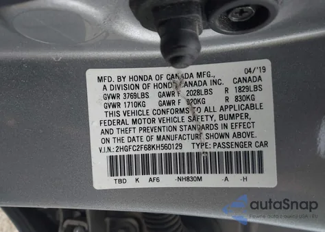 2019 Honda Civic Lx из США, поврежденный, VIN 2HGFC2F68KH560129